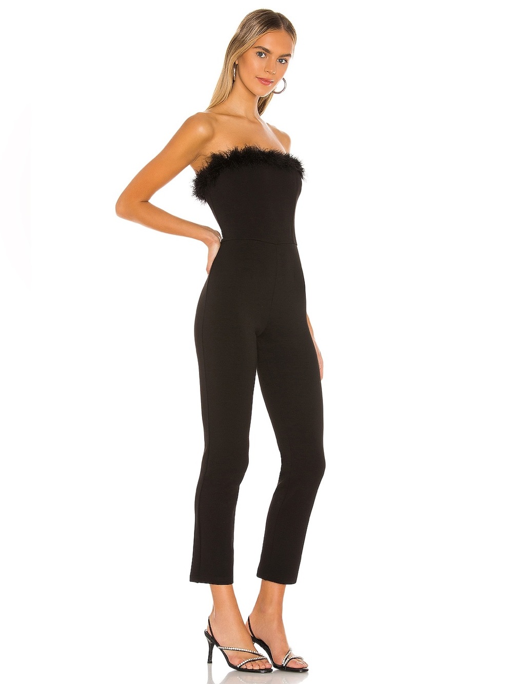 Lovers + Friends Strapless Black Feather-Trim Jumpsuit